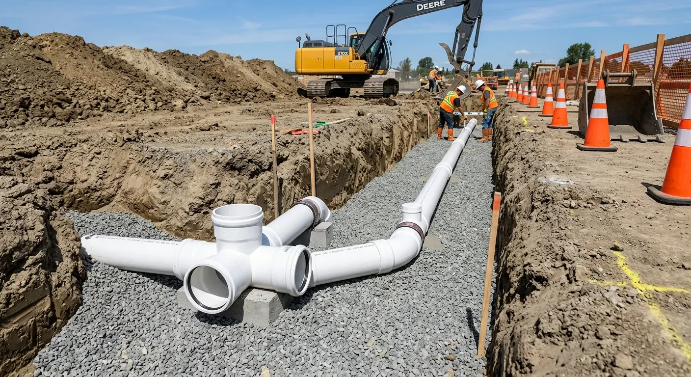 New PVC sewer pipe installation in open trench for Sewer Backup in Citrus Park