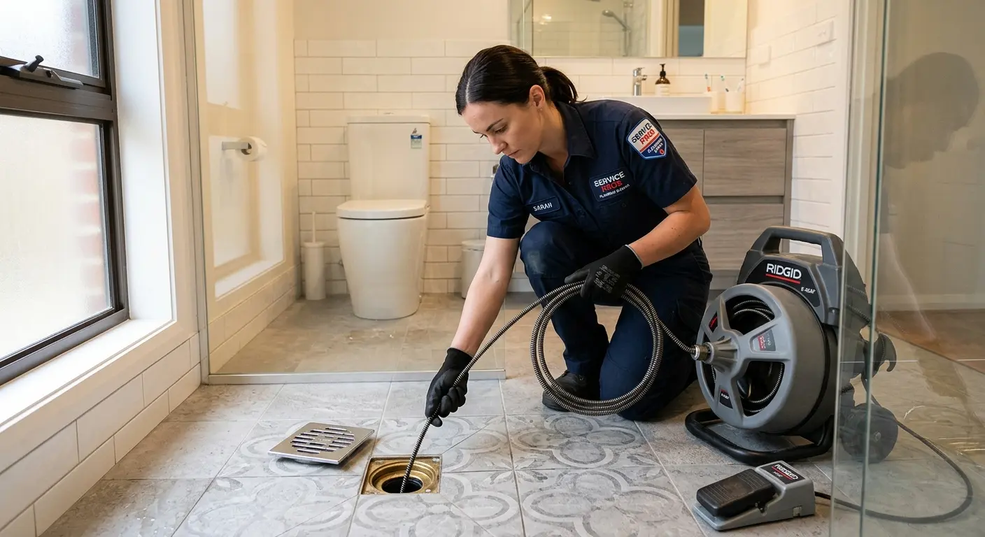 Technician clearing a bathroom floor drain for Sewer Line Replacement in Citrus Park